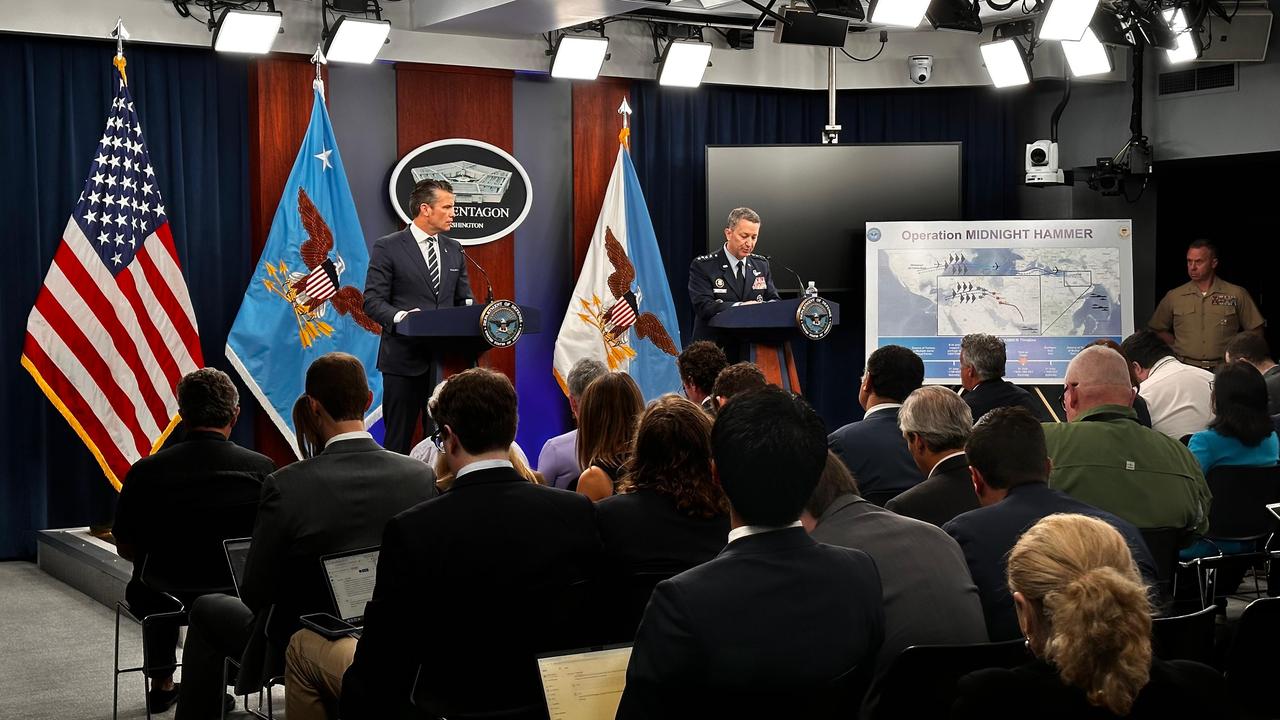 US Secretary of Defense Pete Hegseth (L) and Chairman of the Joint Chiefs of Staff Air Force Gen. Dan Caine (R) attend press conference at Pentagon in Washington, United States on June 22, 2025. (AA Photo)