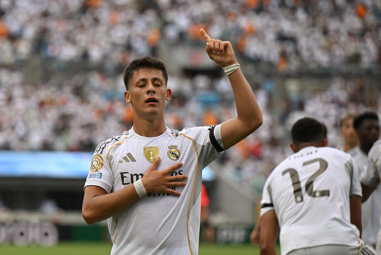 Real Madrids Turkish midfielder #15 Arda Guler celebrates after scoring his teams second goal during the FIFA Club World Cup 2025 Group H football match between Spains Real Madrid and Mexicos Pachuca at the Bank of America stadium in Charlotte on June 22, 2025. (AFP Photo)