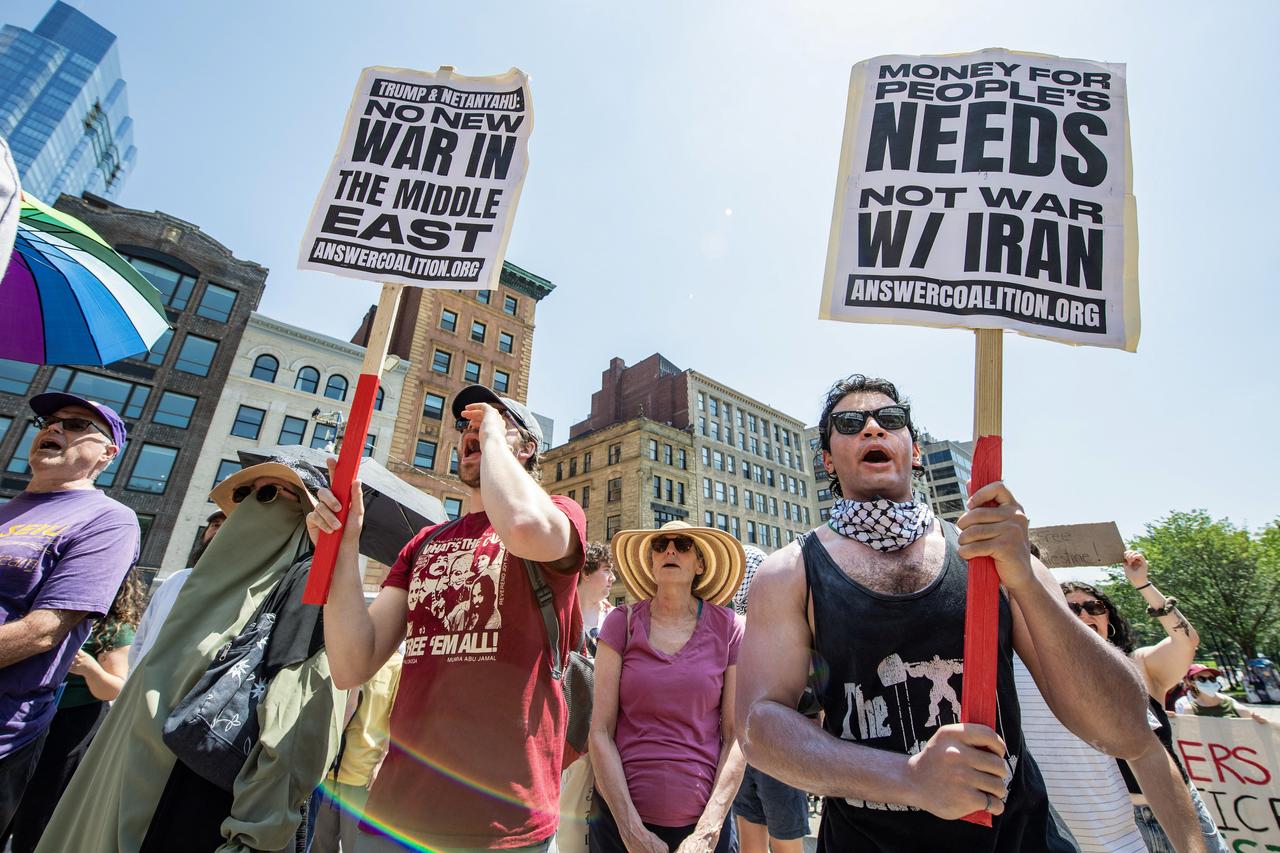 Participants shout slogans during an anti-war demonstration in Boston, Massachusetts, on June 22, 2025, protesting US strikes on Iranian nuclear sites. (AFP Photo)