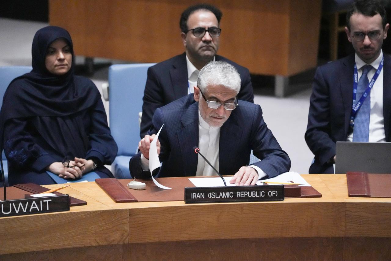 Iranian Permanent Representative to the UN Amir Saeid Iravani speaks during a United Nations Security Council emergency meeting in New York on June 22, 2025, one day after US strikes on Iranian nuclear facilities. (AFP Photo)