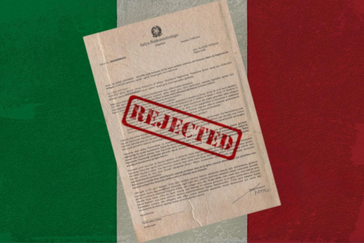 A collage featuring the rejection letter for the visa obtained by Yigithan Kose, with the word  rejected  written on it, set against the background of the Italy flag. (Photo collage by Mehmet Akbas/Türkiye Today)