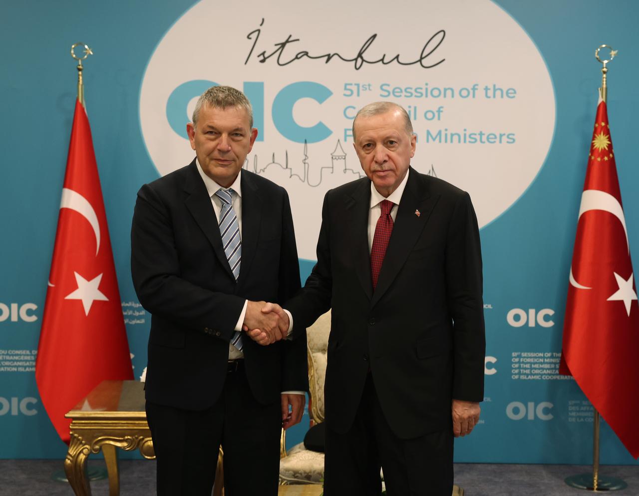 Turkish President Recep Tayyip Erdogan meets with the UNRWA Commissioner-General Philippe Lazzarini within the 51st Meeting of the Council of Foreign Ministers of the Organization of Islamic Cooperation (OIC), which is convened under the theme, “The OIC in a Transforming World” at Lutfi Kirdar International Convention and Exhibition Center in Istanbul, Turkiye, on June 21, 2025. (Turkish Presidency / AA Photo)