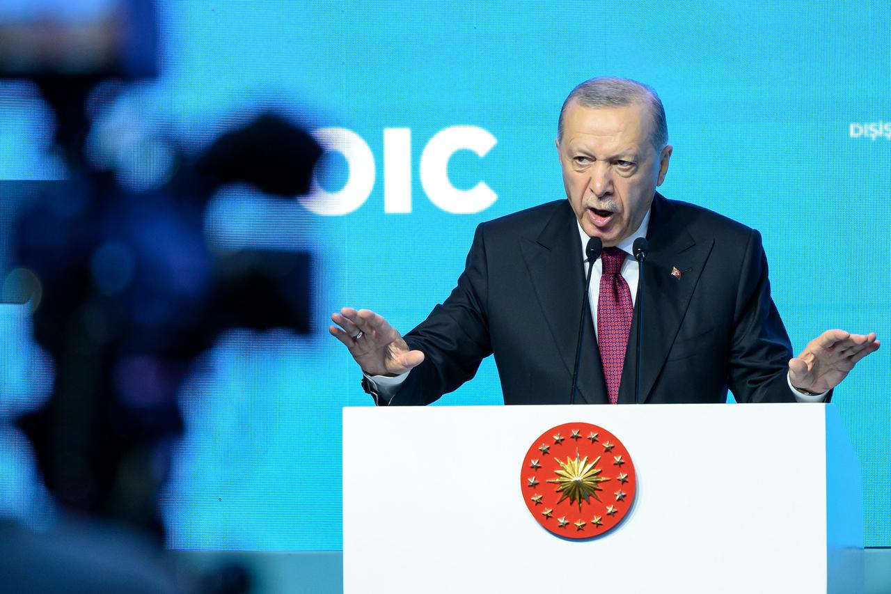 President Recep Tayyip Erdogan speaks during the 51st session of the Council of Foreign Ministers of the Organization of Islamic Cooperation (OIC) in Istanbul, Türkiye on June 21, 2025. (AFP Photo)