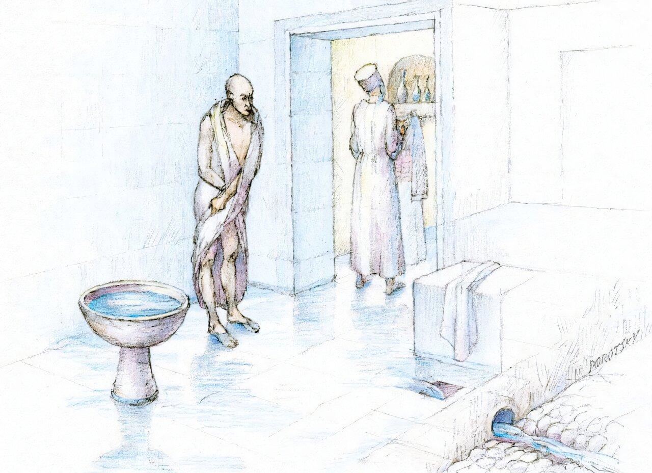 Proposed reconstruction of the ritual bathing unit in the Tel Dan sacred precinct. (Illustration via D. Porotsky)