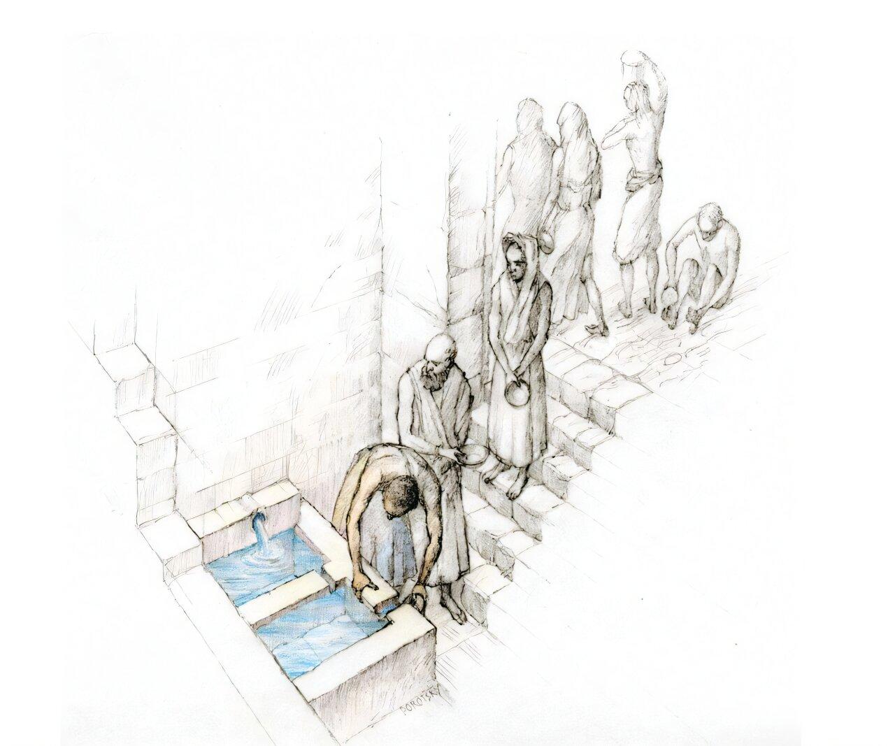 Proposed reconstruction of the ritual bathing unit in the Tel Dan sacred precinct. (Illustration via D. Porotsky)