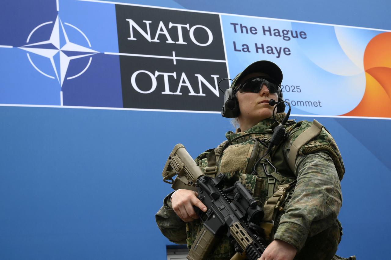 A soldier patrol outside the building where is held the meetings of the two-day NATOs Heads of State and Government summit in The Hague on June 24, 2025. (AFP Photo)