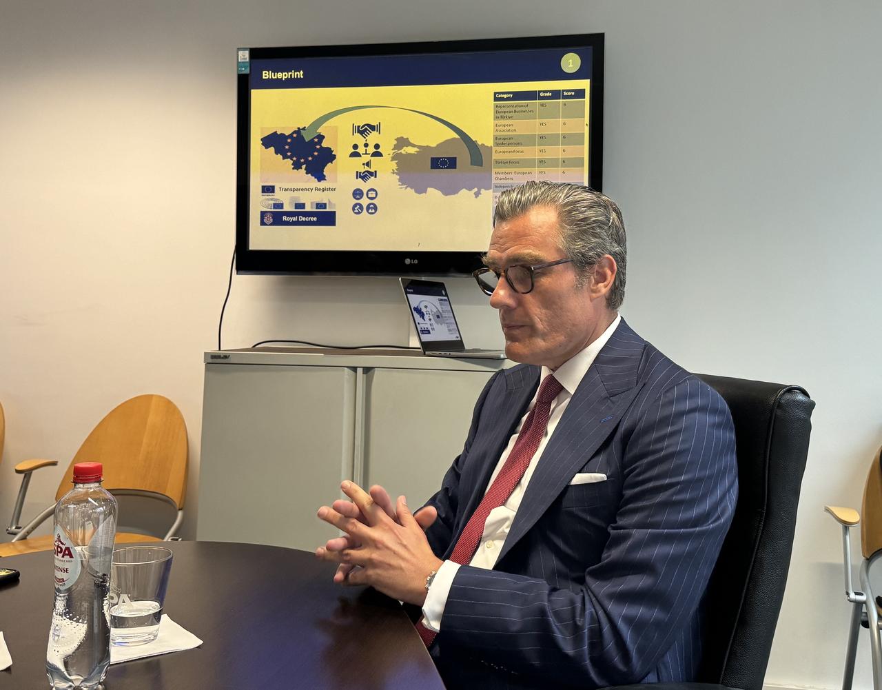 Markus Slevogt, President of the European Turkish Trade and Investment Council (ETTIC), speaks during a briefing on the Türkiye-EU Customs Union update process at the Brussels Press Club, June 23, 2025. (AA Photo)