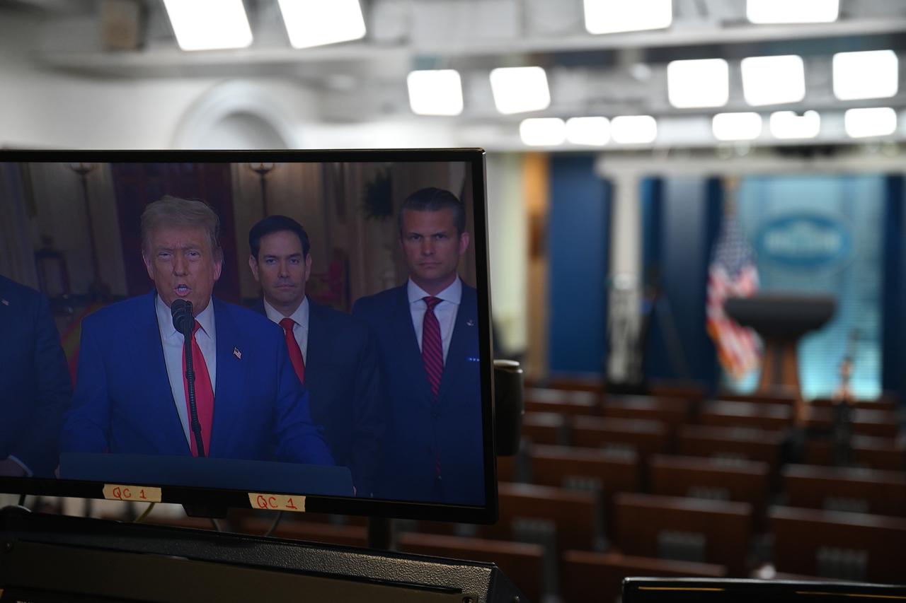 President of the United States Donald Trump speaks from the East Room of the White House as seen on a television monitor in the Press Briefing Room at the White House, in Washington DC, United States on June 21, 2025. (AA Photo)