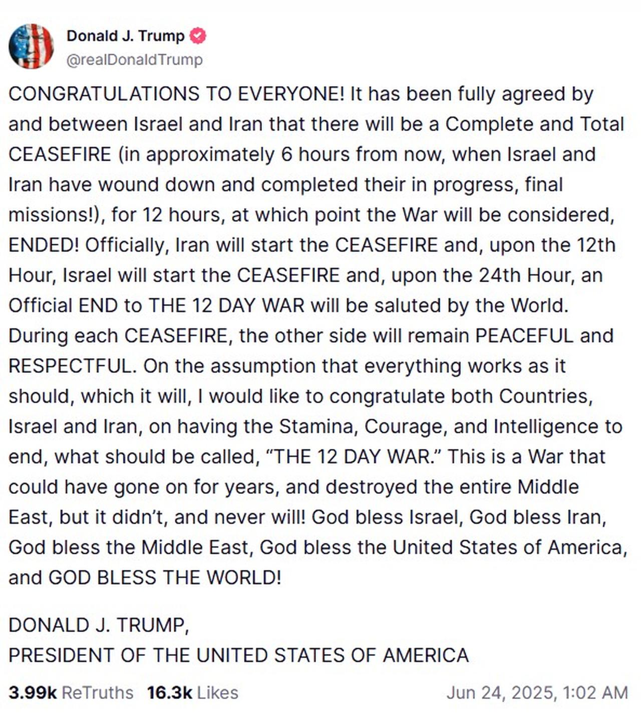 Screengrab shows U.S. President Donald Trump's post on social media platform Truth Social, accessed June 24, 2025. (Photo via Truth Social)