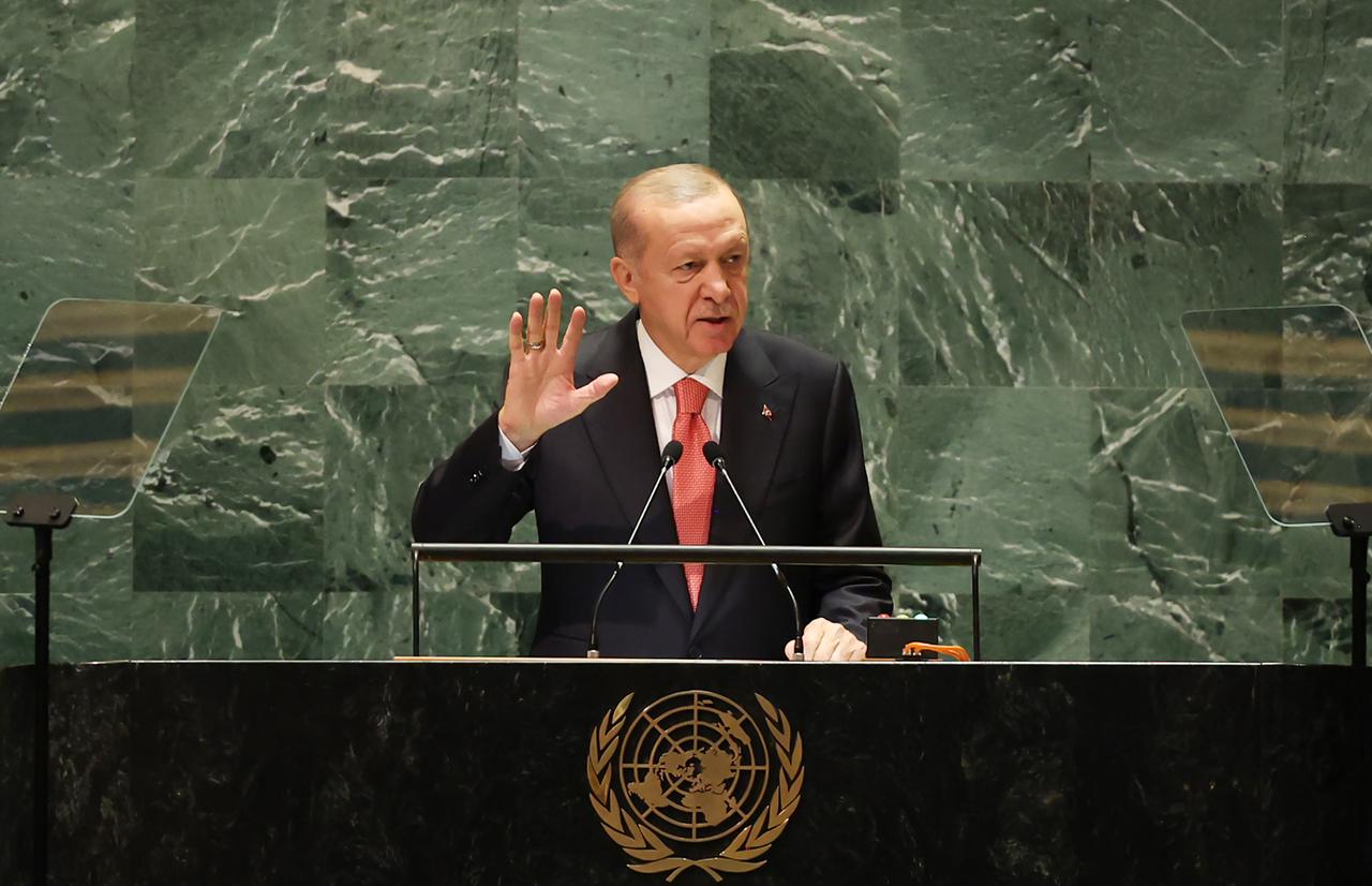 President Recep Tayyip Erdogan makes a speech during the 79th Session of the U.N. General Assembly in New York, United States, Sept. 24, 2024. (TUR Presidency / Murat Kula/Anadolu Agency)