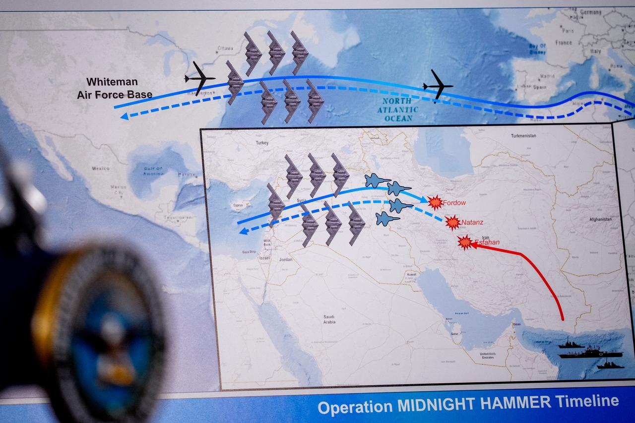 An operational timeline of a strike on Iran is displayed during a news conference with Chairman of the Joint Chiefs of Staff Air Force Gen. Dan Caine and U.S. Defense Secretary Pete Hegseth at the Pentagon on June 22, 2025 in Arlington, Virginia. (AFP Photo)