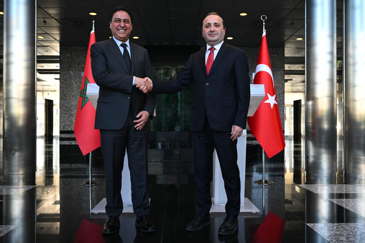 Turkish Deputy Trade Minister Mustafa Tuzcu (right) holds a joint press conference with Moroccan Deputy Minister for Foreign Trade Omer Hjira during the Türkiye-Morocco Free Trade Agreement Joint Committee Meeting at the Ministry in Ankara, Türkiye, June 23, 2025. (AA Photo)