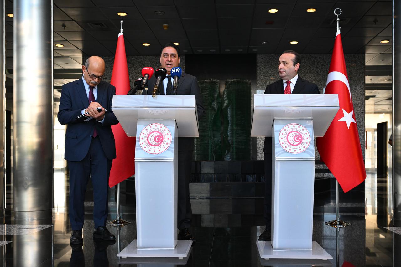 Turkish Deputy Trade Minister Mustafa Tuzcu (right) holds a joint press conference with Moroccan Deputy Minister for Foreign Trade Omer Hjira during the Türkiye-Morocco Free Trade Agreement Joint Committee Meeting at the Ministry in Ankara, Türkiye, June 23, 2025. (AA Photo)