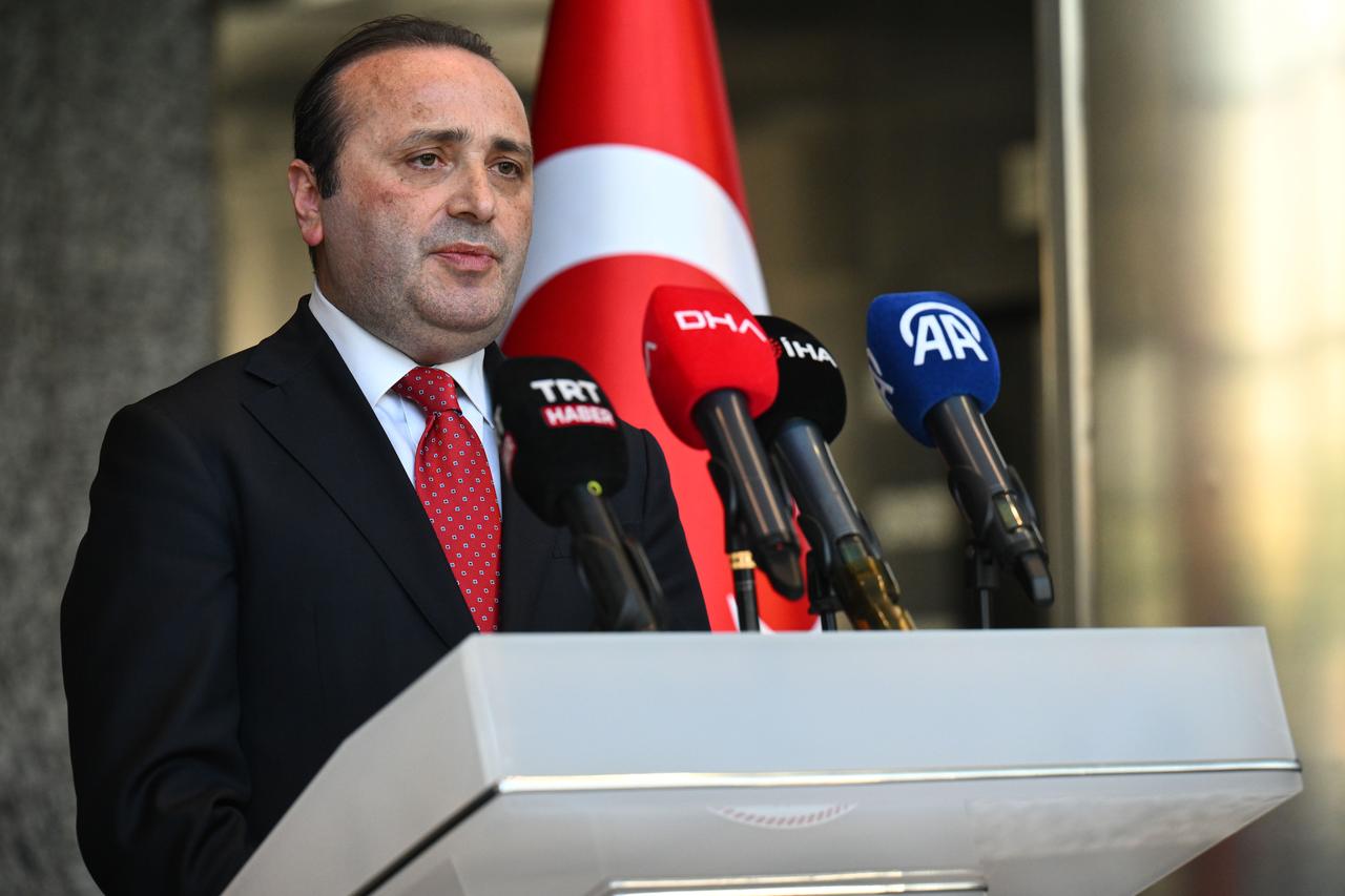Turkish Deputy Trade Minister Mustafa Tuzcu delivers a speech during a joint press conference with Moroccan Deputy Minister for Foreign Trade Omer Hjira during the Türkiye-Morocco Free Trade Agreement Joint Committee Meeting at the Ministry in Ankara, Türkiye, on June 23, 2025. (AA Photo)