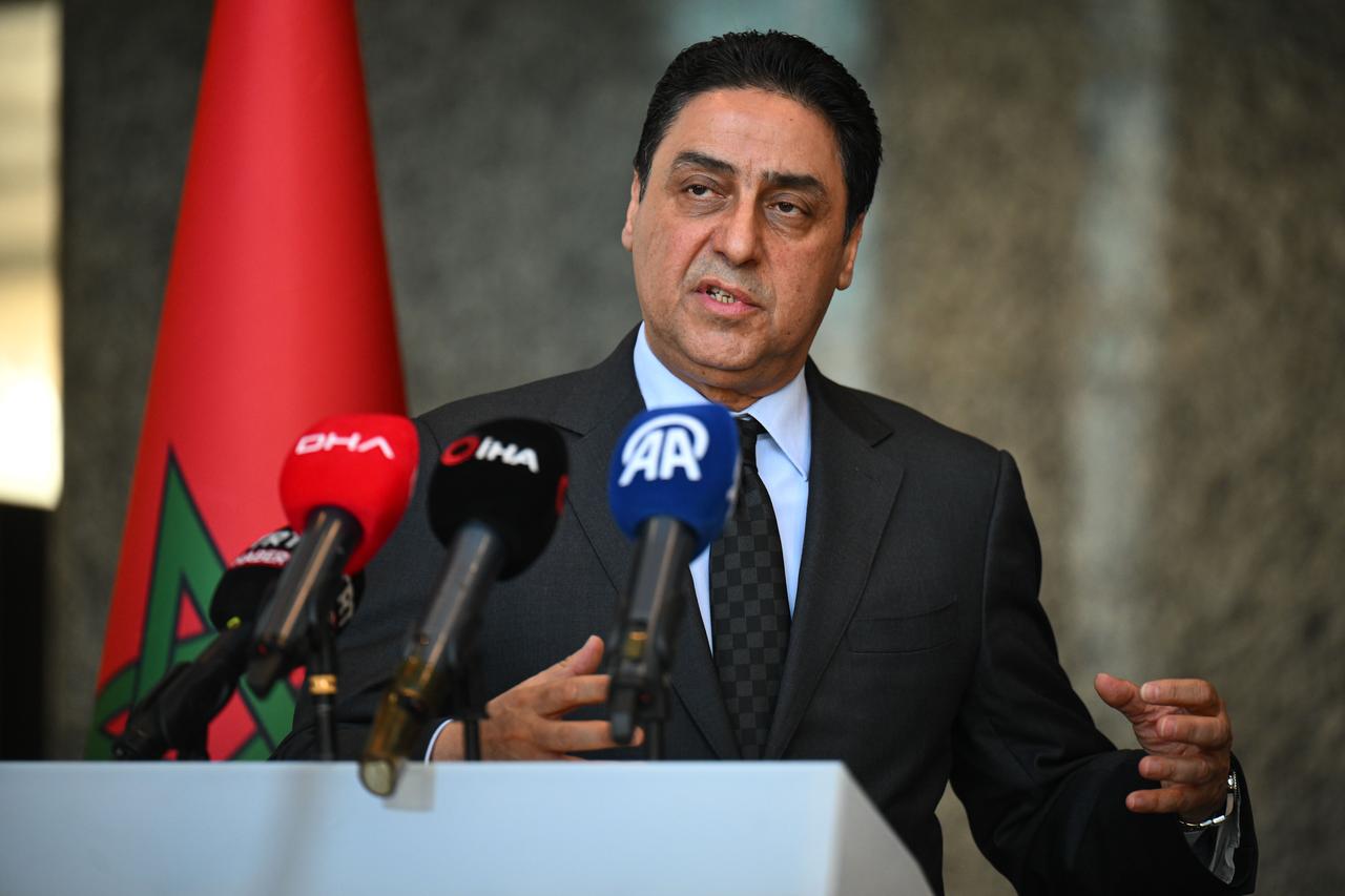 Moroccan Deputy Minister for Foreign Trade Omer Hjira delivers a speech during a joint press conference with Turkish Deputy Trade Minister Mustafa Tuzcu during the Türkiye-Morocco Free Trade Agreement Joint Committee Meeting at the Ministry in Ankara, Türkiye, on June 23, 2025. (AA Photo)