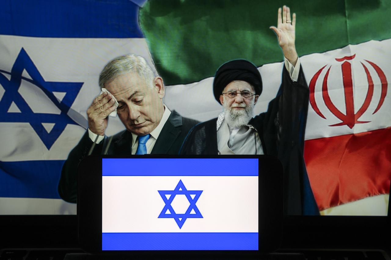 In this photo illustration, Iranian Supreme Leader Ayatollah Ali Khamenei and Israeli Prime Minister Benjamin Netanyahu are seen behind the Israeli flag, with all of them displayed on screens, in Ankara, Türkiye on June 24, 2025. (AA Illustration)