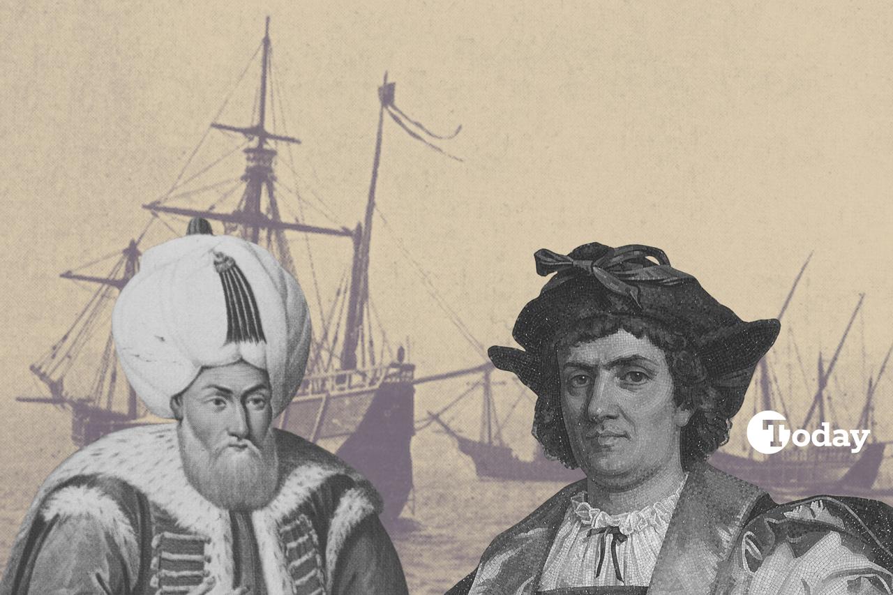 A image collage featuring Christopher Columbus, Sultan Bayezid II, and ships, June 24, 2025. (Photo collage by the Türkiye Today team)