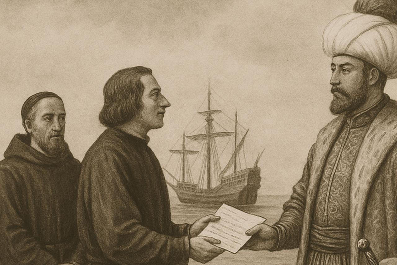 An AI-generated illustration depicting Christopher Columbus presenting a petition to Ottoman Empire official of the Ottoman Empire, imagined with traditional realism. (Photo via OpenAI)