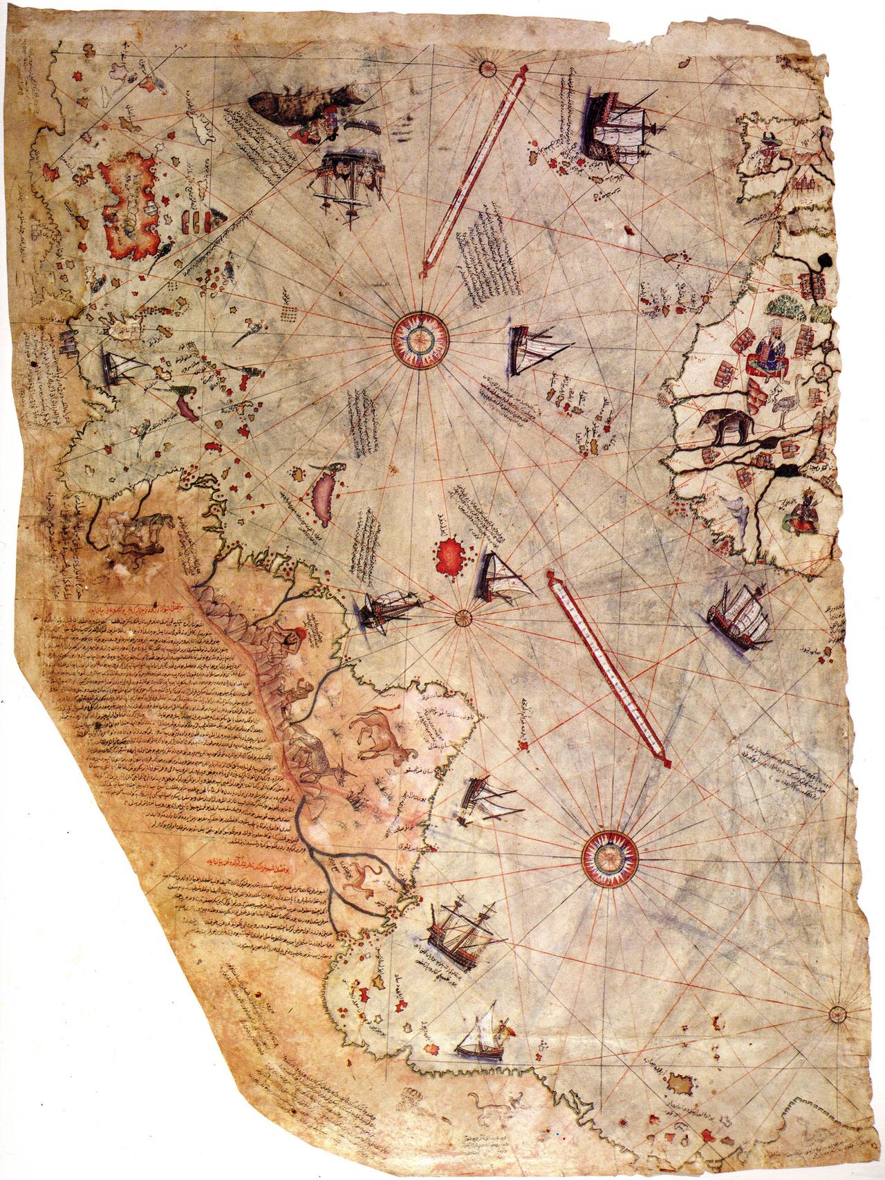 Map of the world by Ottoman admiral Piri Reis, drawn in 1513—one of the earliest surviving maps to depict the western coasts of Europe and Africa alongside the eastern coast of South America. (Map via Topkapi Palace Museum in Istanbul)
