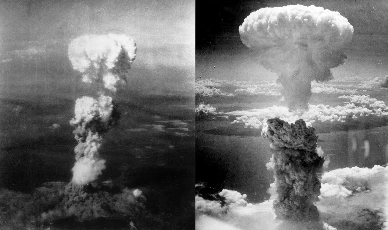 Left: Smoke rises over Hiroshima after the first atomic bomb on August 6, 1945, with six planes from the 509th Composite Group involved in the mission. Right: Atomic bombing of Nagasaki on August 9, 1945, photographed by Charles Levy. (Photos via Wikimedia)