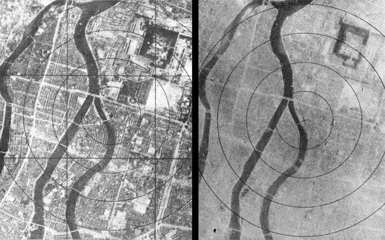 These aerial photographs show ground zero before and after the atomic bombing. (Photos via U.S. Army)