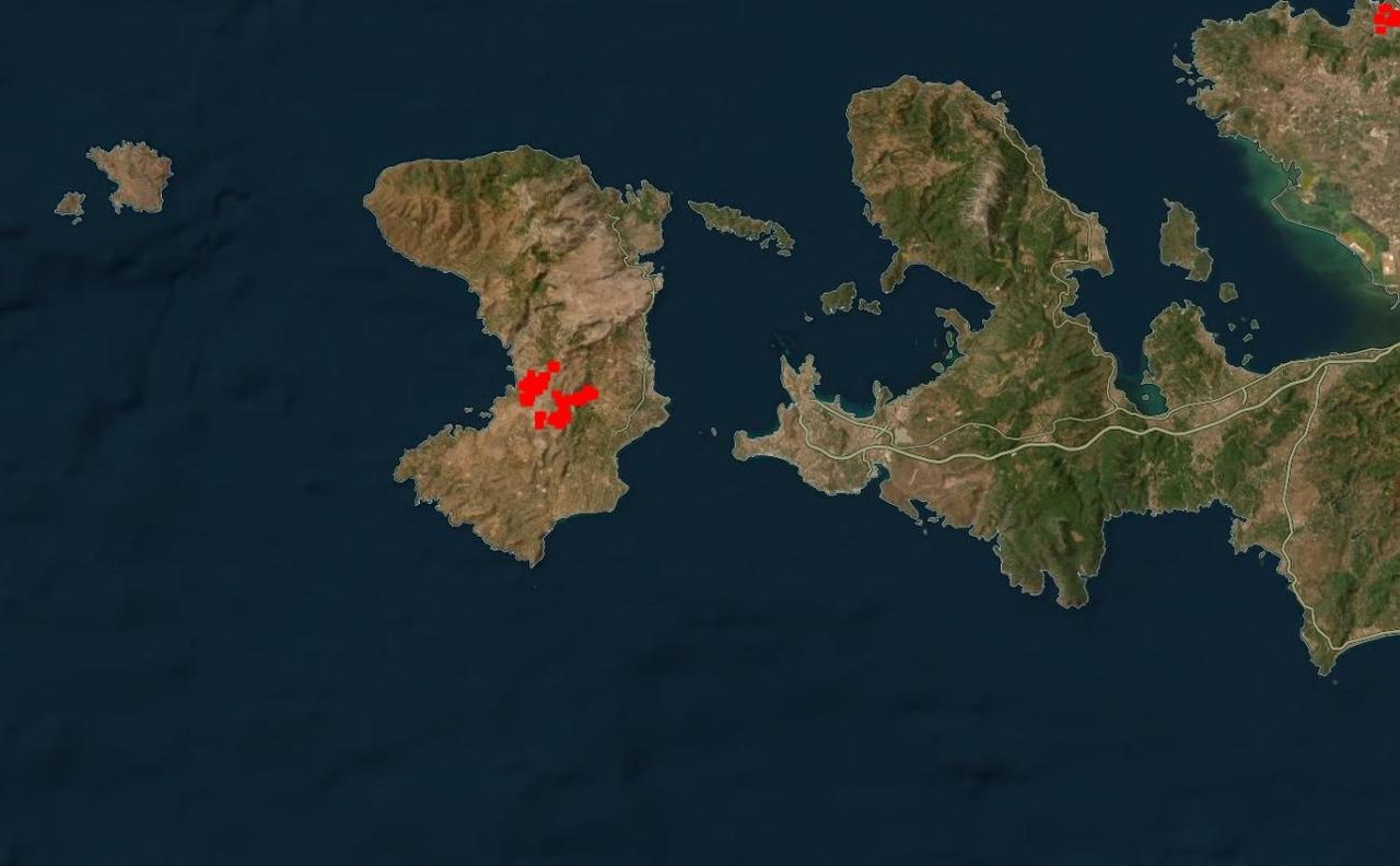 Locations of the fires on Chios island map, Greece, June 24, 2025. (Mapping via NASA)