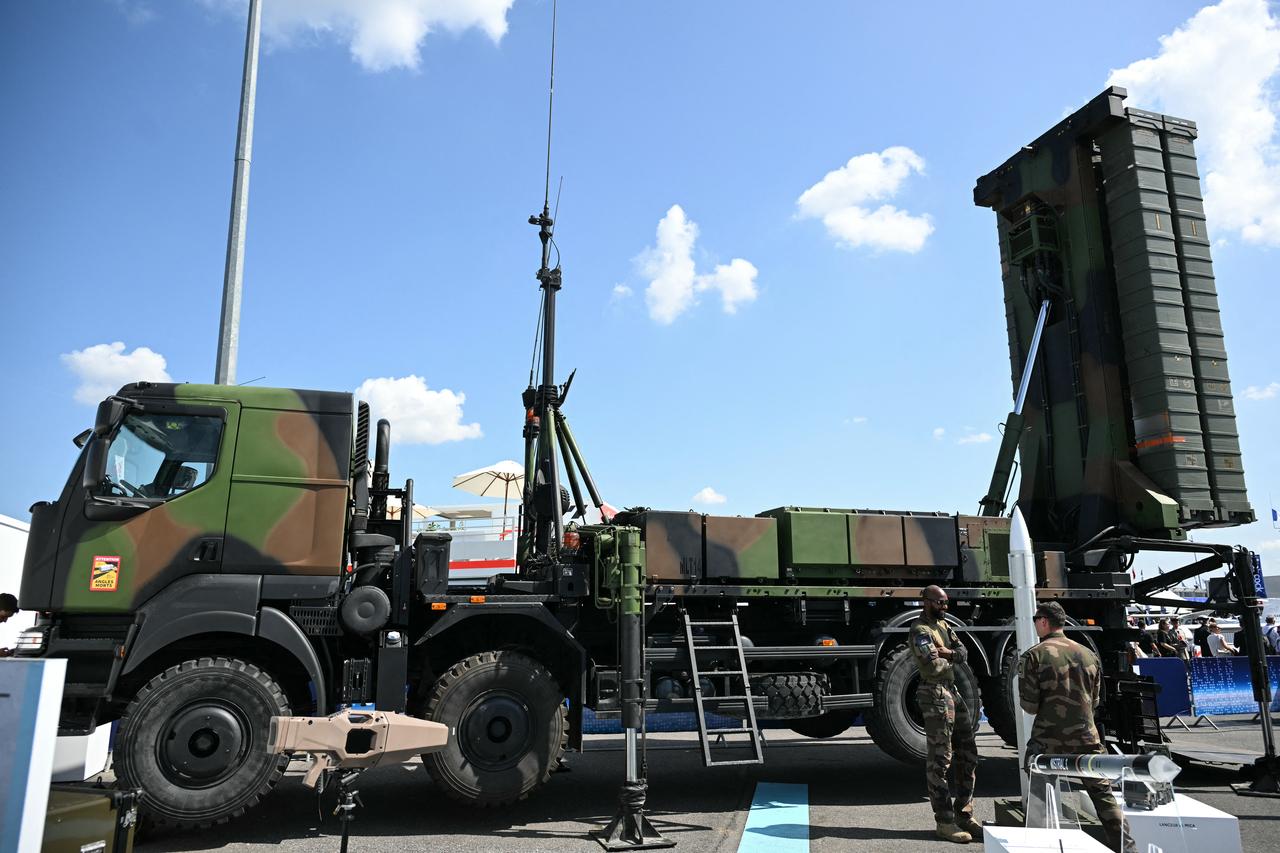 This photograph shows Franco-Italian consortium Eurosams strategic air defence system SAMP-T NG on display at the Paris International Air Show (Salon international de laeronautique et de lespace - SIAE) at the Paris–Le Bourget Airport, north of Paris, on June 17, 2025. (AFP Photo)