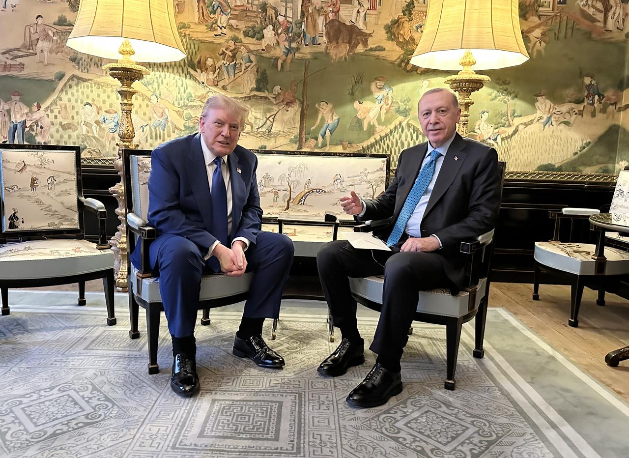 President Recep Tayyip Erdogan and U.S. President Donald Trump meet on the sidelines of the NATO Summit of Heads of State and Government in The Hague, Netherlands, on June 24, 2024. (Turkish Presidency / AA Photo)