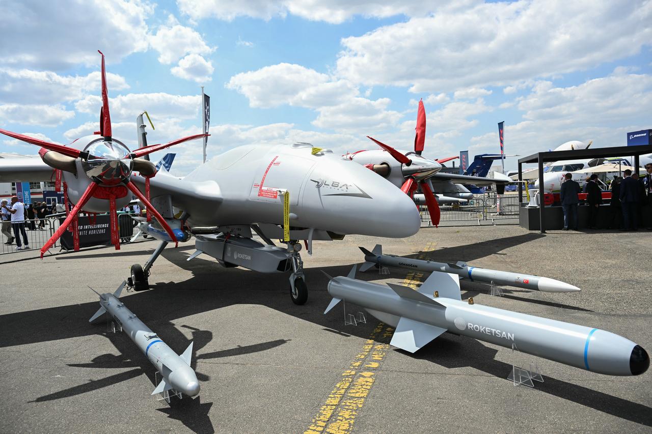 Leonardo and Baykar LBA Systems Bayraktar Akinci combat drone on display during the Paris International Air Show (Salon international de laeronautique et de lespace - SIAE) at the Paris–Le Bourget Airport, north of Paris, on June 17, 2025. (AFP Photo)
