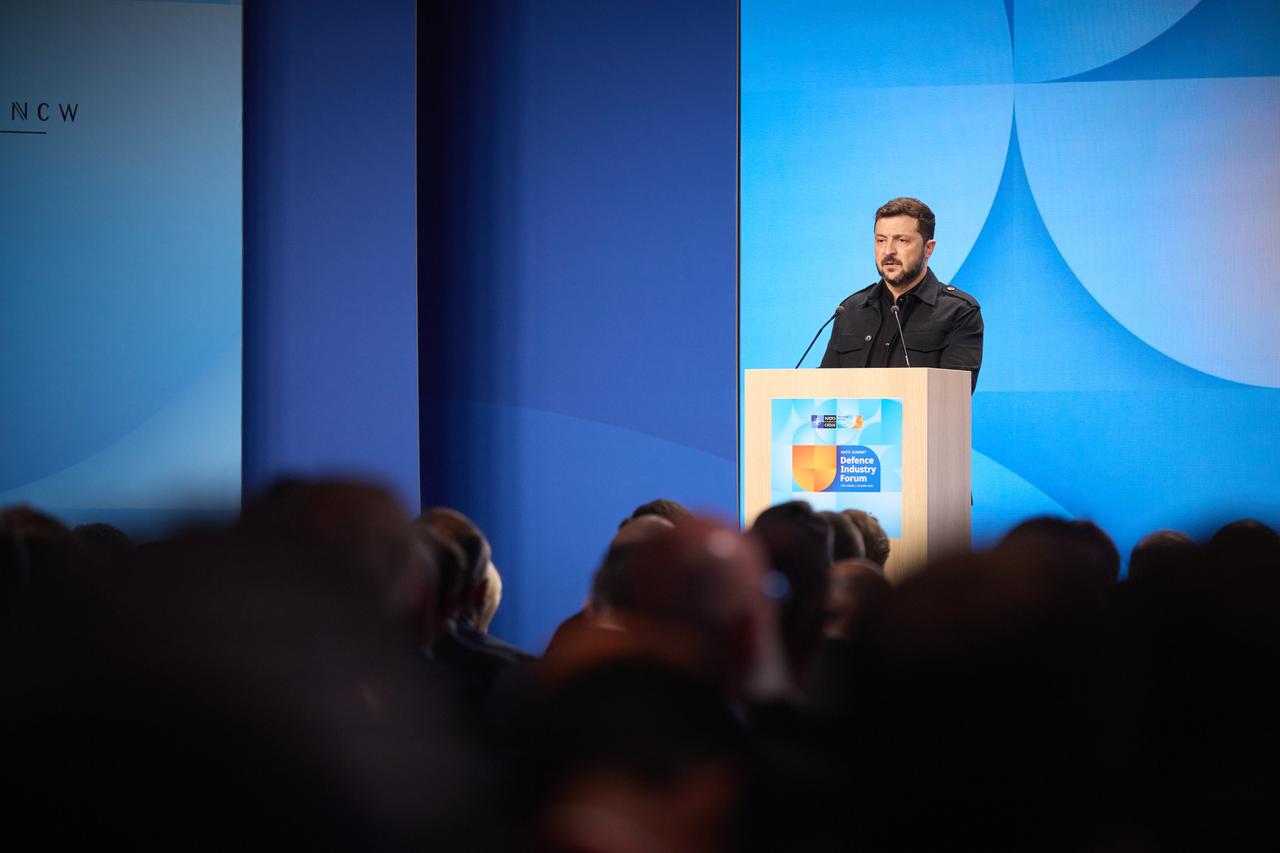 President of Ukraine Volodymyr Zelenskyy speaks at the NATO Summit Defence Industry Forum in The Hague, Netherlands on June 24, 2025. (Ukrainian Presidency - Anadolu Agency)