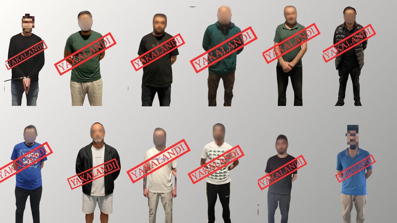 Photo shows 12 suspects — 11 wanted with a Red Notice and 1 nationally wanted by Türkiye — with pixelated faces and the word “Tutuklandı” (Arrested) written across. (@aliyerlikaya via X)