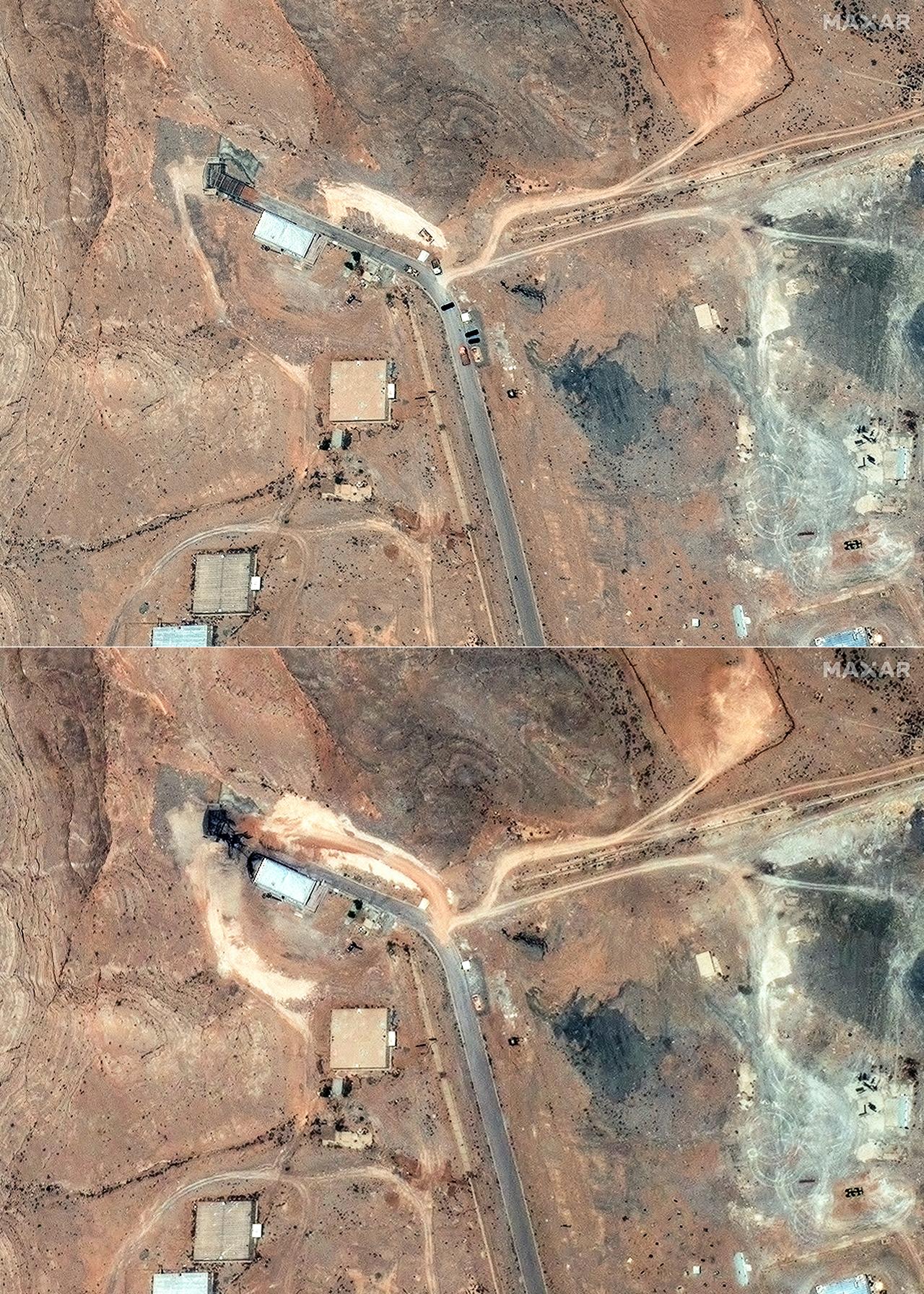 This combination of handout satellite pictures created on June 24, 2025 shows tunnel entrances at Isfahan nuclear enrichment facility in central Iran on June 20, 2025 (top) and airstrike damage on tunnel entrances at Isfahan nuclear enrichment facility in central Iran on June 22, 2025 (bottom). (Photo by Satellite image ©2025 Maxar Technologies / AFP)
