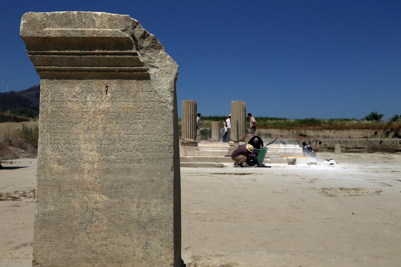 The largest square (agora) of the ancient city of Magnesia, located in Aydin, Türkiye and dating back 2,400 years, is being uncovered with its marble pavement remarkably intact, June 25, 2025. (AA Photo)