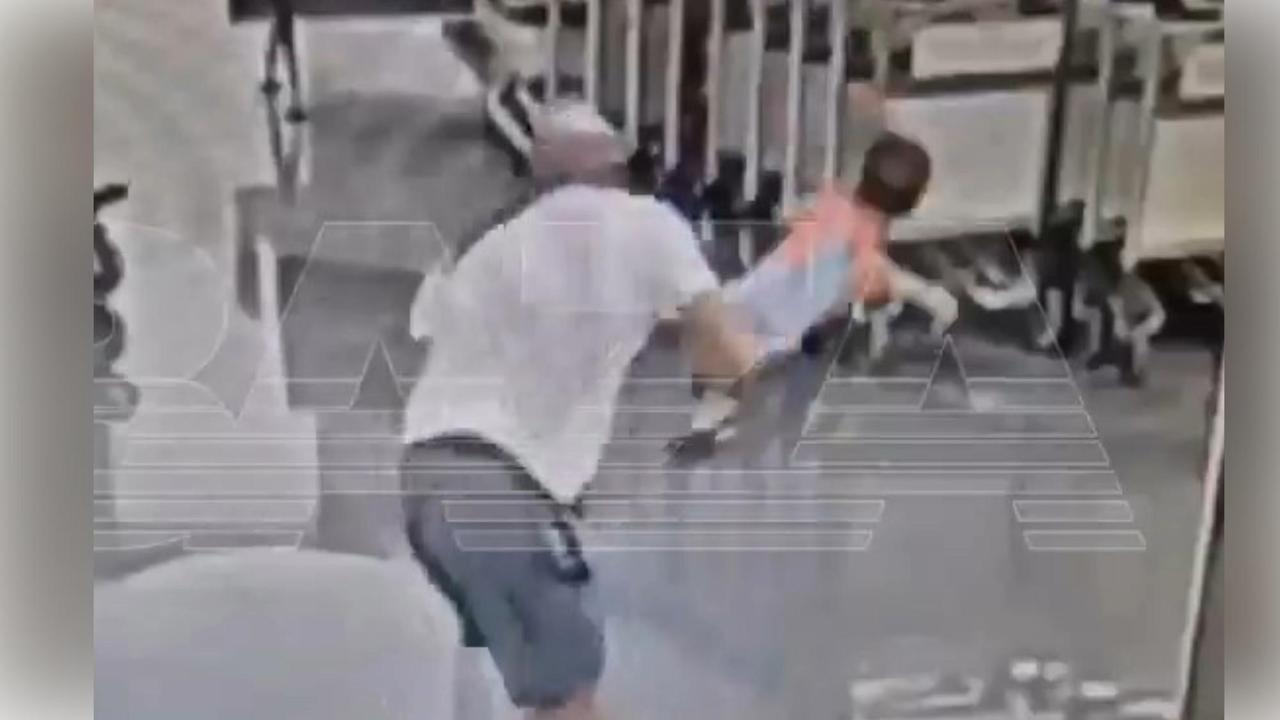 The moment an 18-month-old boy was suddenly picked up and hurled headfirst onto the floor by a male tourist. Credit: Moscow Airport/CCTV