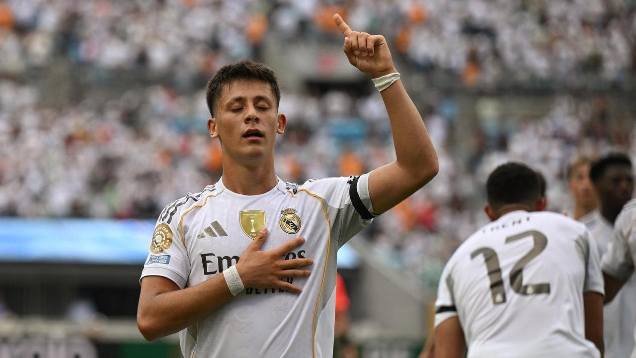 Real Madrids Turkish midfielder #15 Arda Guler celebrates after scoring his teams second goal during the FIFA Club World Cup 2025 Group H football match between Spains Real Madrid and Mexicos Pachuca at the Bank of America stadium in Charlotte on June 22, 2025. (AFP Photo)