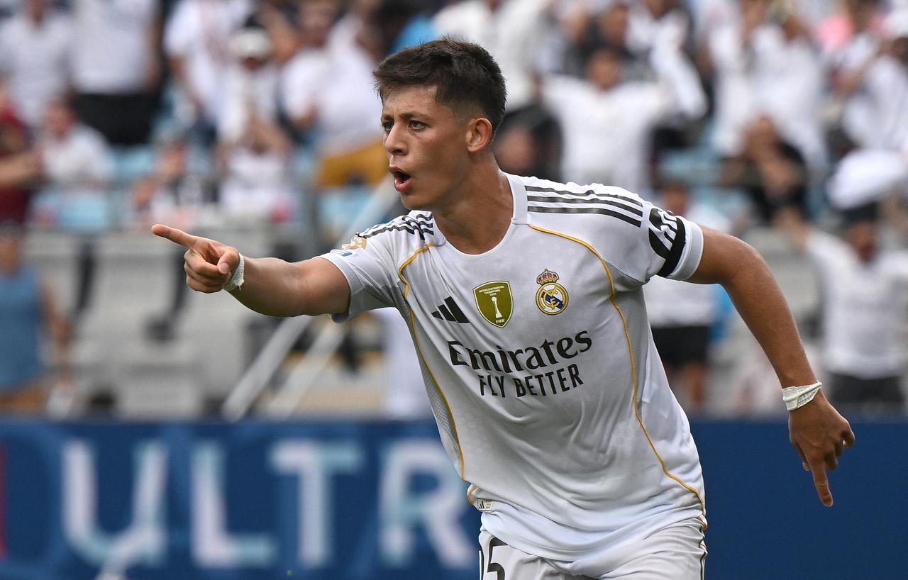Real Madrid's Turkish midfielder #15 Arda Guler celebrates after scoring his team's second goal during the FIFA Club World Cup 2025 Group H football match between Spain's Real Madrid and Mexico's Pachuca at the Bank of America stadium in Charlotte on June 22, 2025. (AFP Photo)