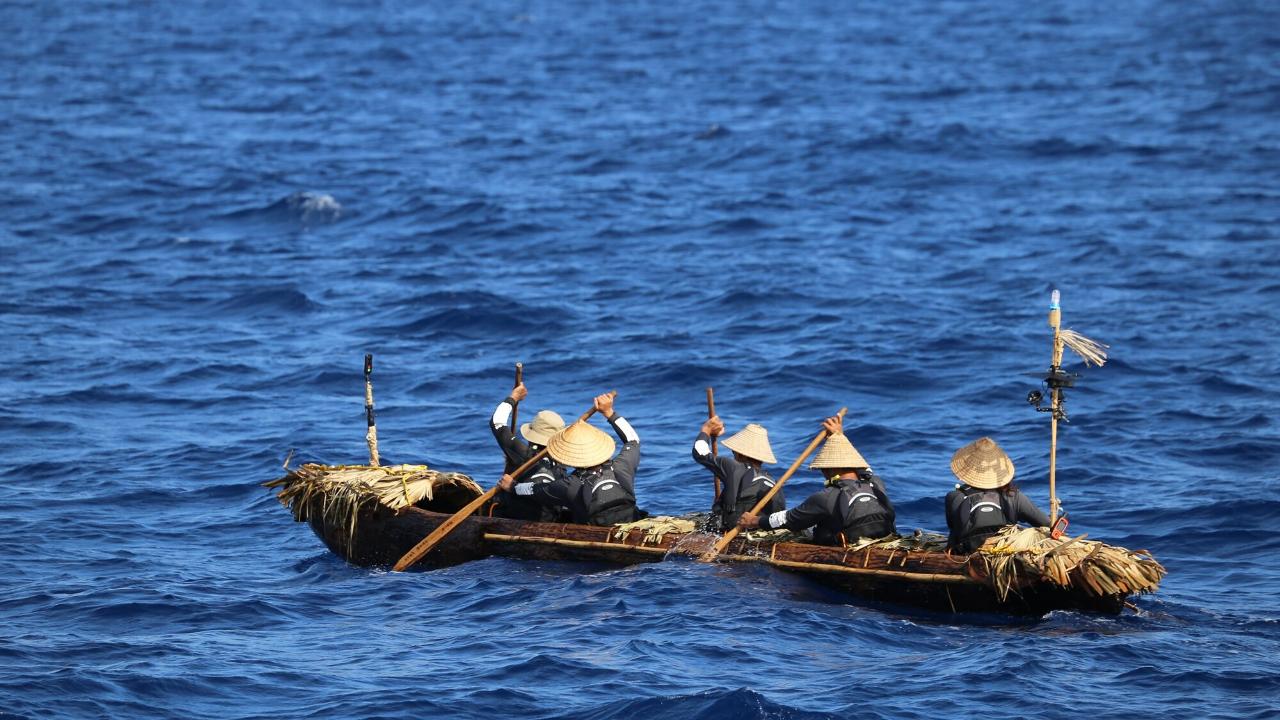 The team embarked on their handmade dugout canoe, aiming to recreate the Paleolithic voyage with as much authenticity as possible. (Photo via Kaifu et al)