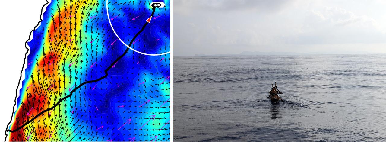 GPS tracking and ocean current modeling near the final stage of the experimental voyage (L); The team at approximately the same moment (R). (Photo via Kaifu et al)