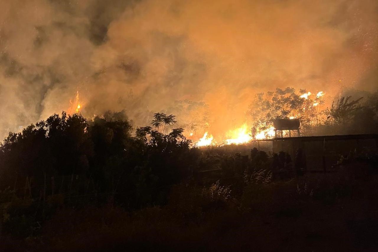 The fire that broke out in the garden of a house in Hatay’s Samandag district was extinguished by firefighting crews after causing property damage, Türkiye, June 25, 2025. (IHA Photo)