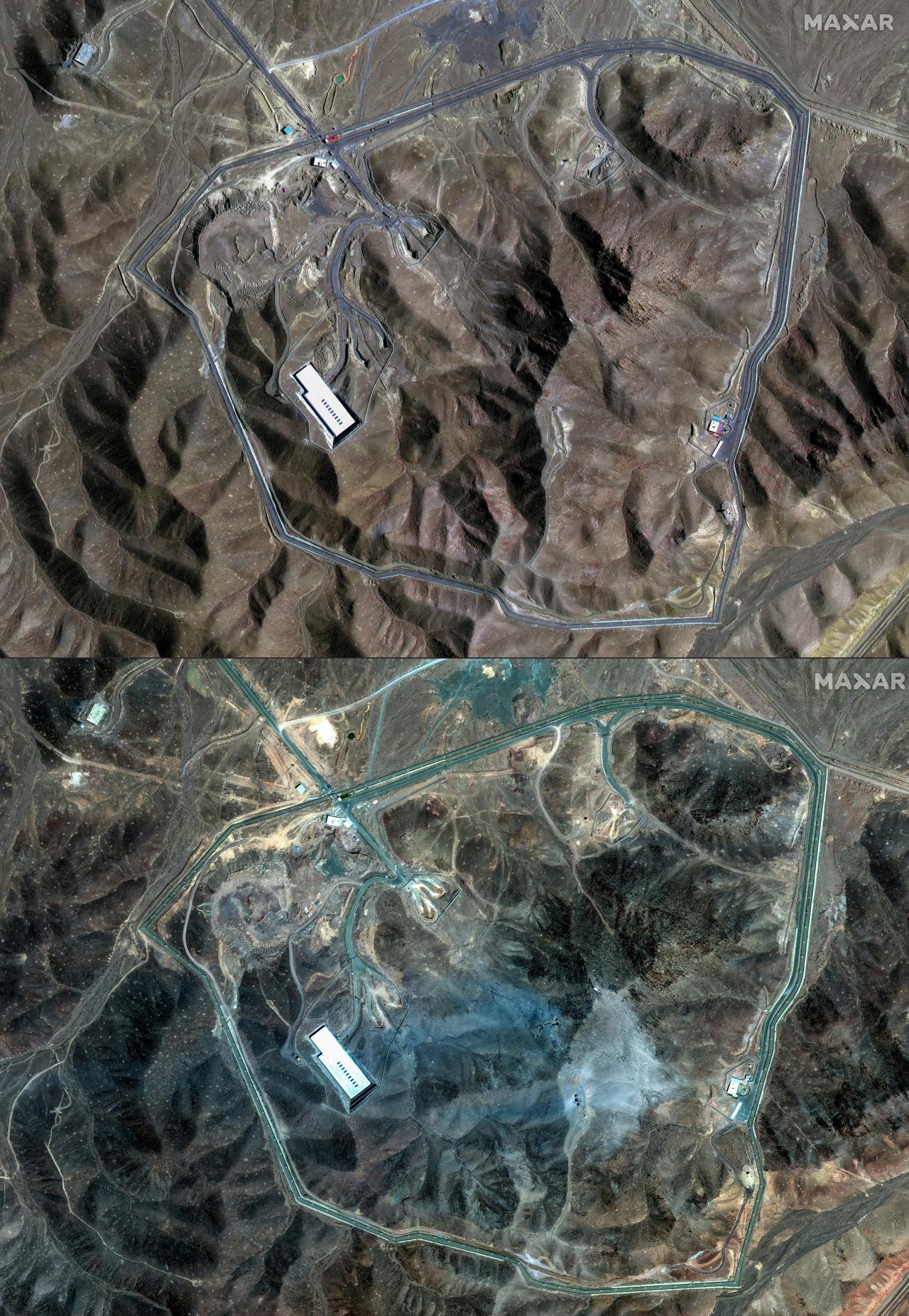 This combination of pictures created on June 22, 2025 using handout satellite images released by Maxar Technologies shows Iran's Fordow Fuel Enrichment Plant (FFEP), northeast of the city of Qom on on June 19, 2025 (top), and Iran's Fordow Fuel Enrichment Plant (FFEP), northeast of the city of Qom, after US strikes on the site June 22, 2025 (bottom). (Photo by Satellite image ©2025 Maxar Technologies / AFP)