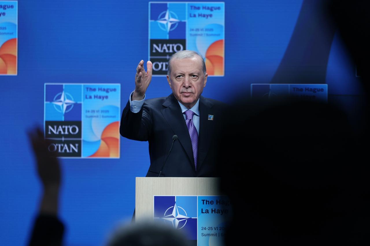 President Recep Tayyip Erdogan delivers a speech as he attends press conference after the NATO Heads of State and Government Summit held at the World Forum in the Hague, Netherlands on June 25, 2025. (AA Photo)