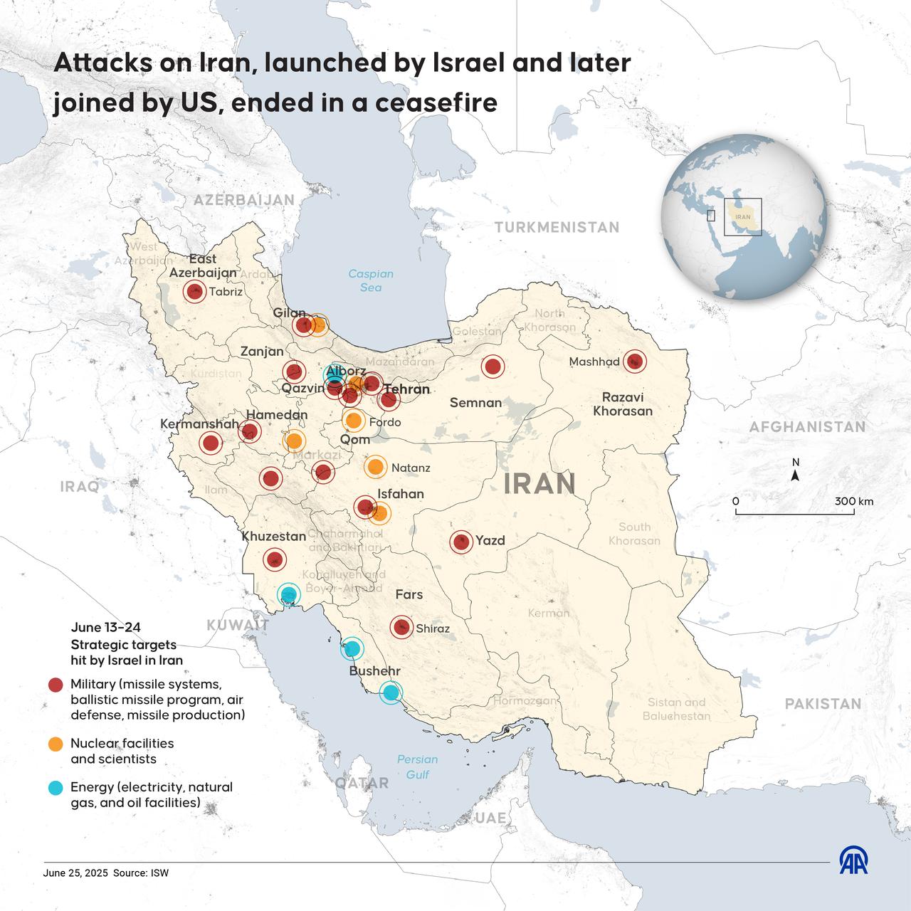 An infographic titled Attacks on Iran, launched by Israel and later joined by US, ended in a ceasefire created in Ankara, Türkiye on June 25, 2025. (AA Infographic)