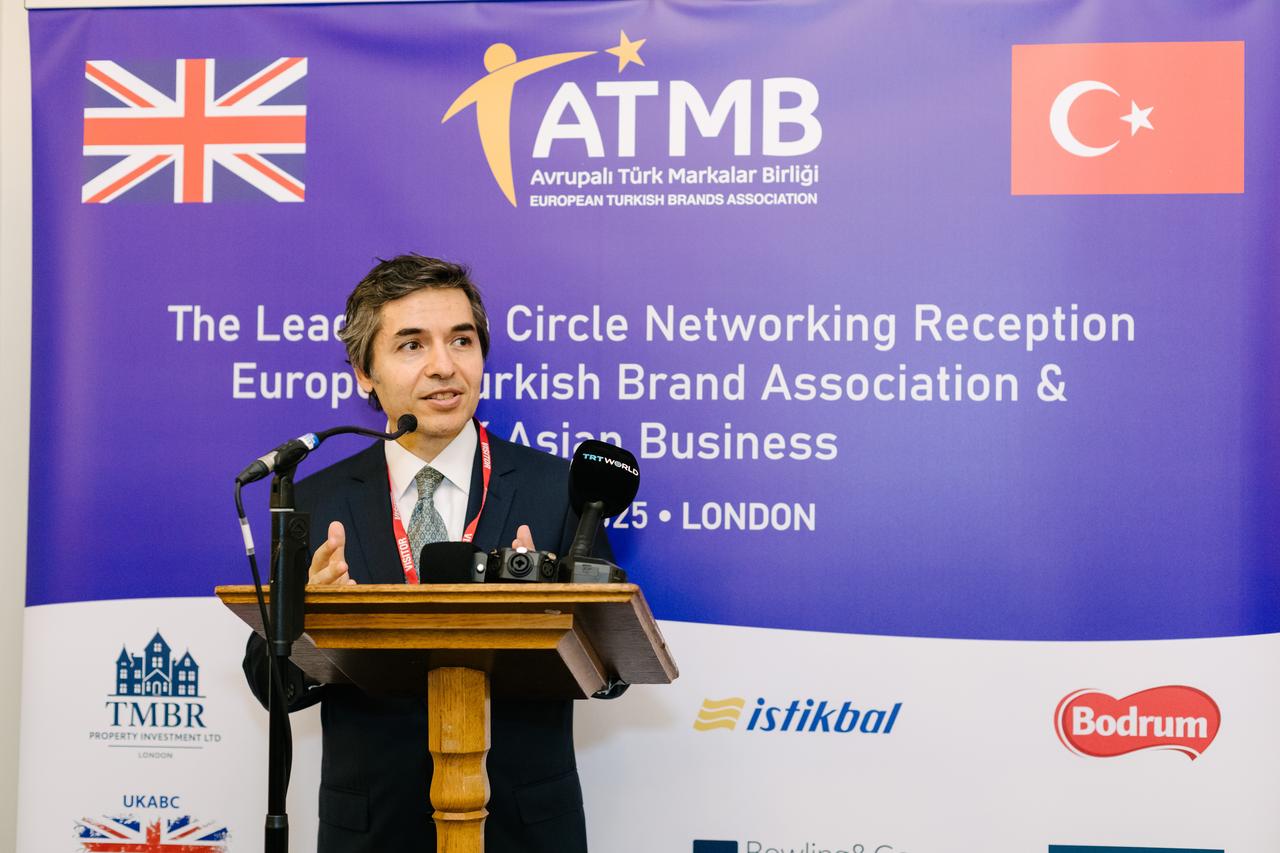 Türkiye’s Ambassador to the United Kingdom Osman Koray Ertas delivers a speech at the Leadership Circle Networking Reception organized by the European Turkish Brands Association and UK Asian Business Council in London, June 25, 2025. (AA Photo)