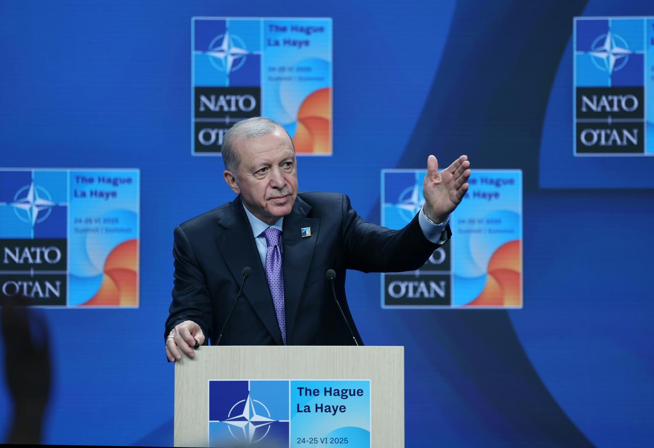 President Recep Tayyip Erdogan delivers a speech as he attends press conference after the NATO Heads of State and Government Summit held at the World Forum in the Hague, Netherlands on June 25, 2025. (TUR Presidency/Murat Cetinmuhurdar - Anadolu Agency)