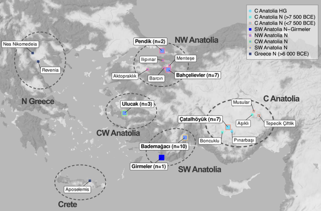 Map of Aegean and Anatolian sites >6,000 B.C. with palaeogenomics data analysed in study. (Map via Science)