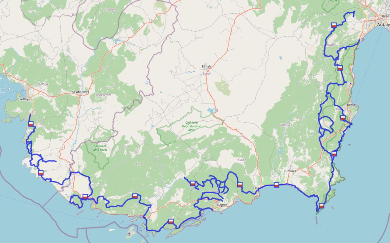 The map of Lycian Way between Türkiye's Antalya and Fethiye. (Map created by Kate Clow)