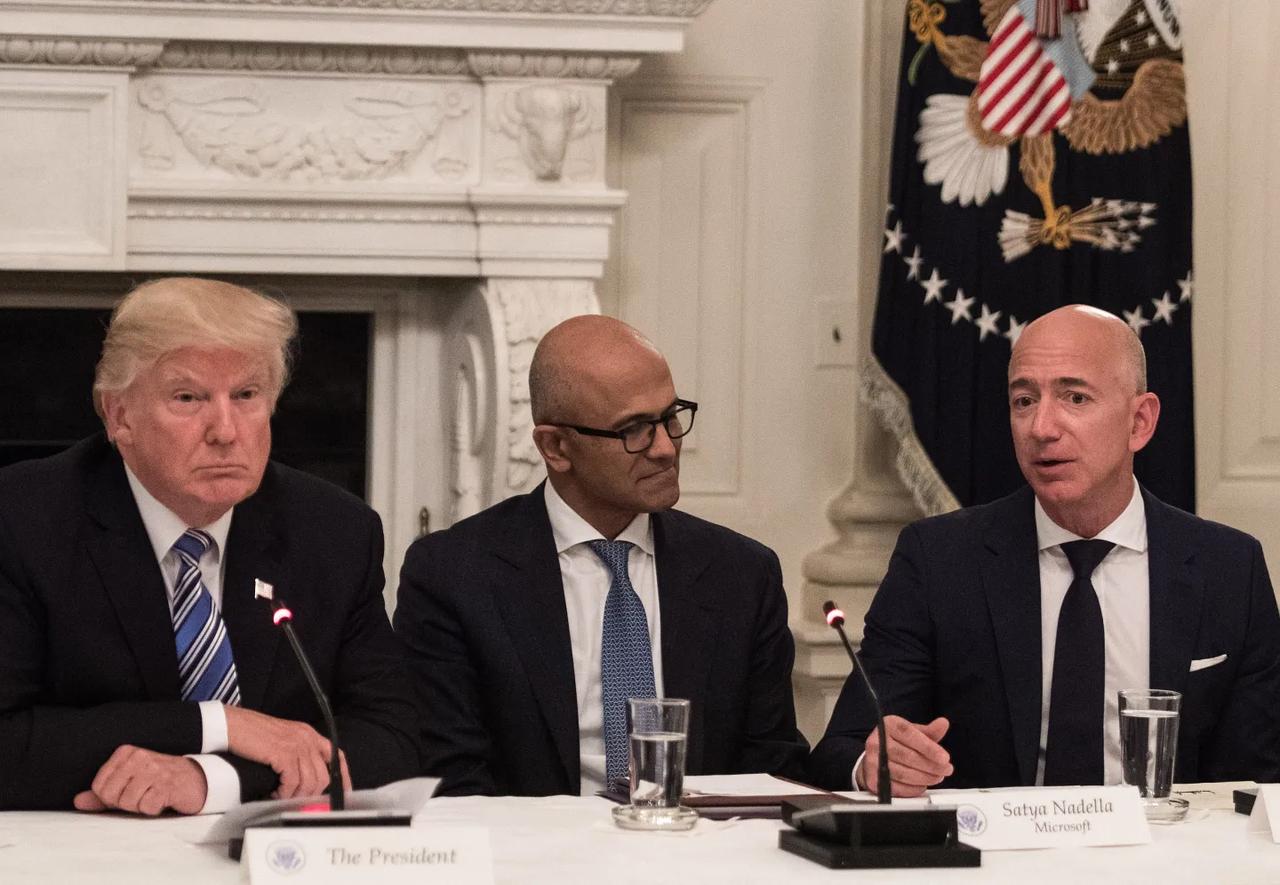 U.S. President Donald Trump and Microsoft CEO Satya Nadella join Amazon CEO Jeff Bezos for a roundtable discussion at the White House hosted by the American Technology Council, Washington DC, United States, June 19, 2017. (AFP Photo)