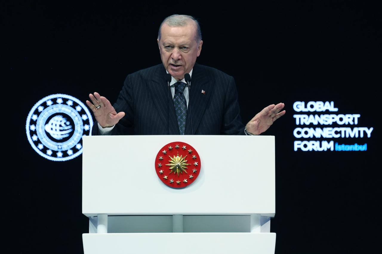 President Recep Tayyip Erdogan makes a speech during the Global Transport Connectivity Forum in Istanbul, Türkiye on June 27, 2025. (Turkish Presidency/Murat Kula - Anadolu Agency)
