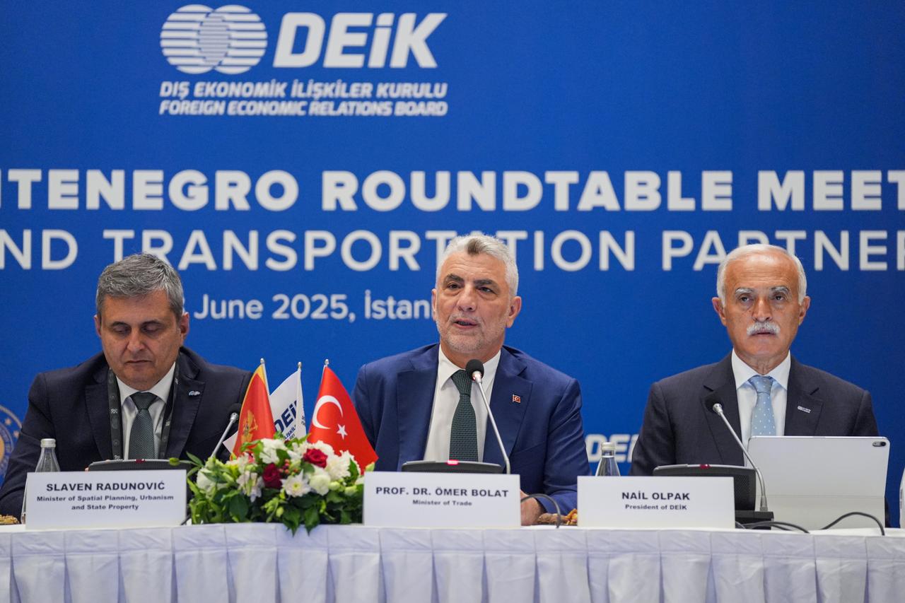 Montenegro’s Minister of Spatial Planning Slaven Radunovic (L), Türkiye’s Minister of Trade Omer Bolat (C), and DEIK President Nail Olpak (R) attend the Türkiye-Montenegro Roundtable Meeting in Istanbul on June 28, 2025. (AA Photo)