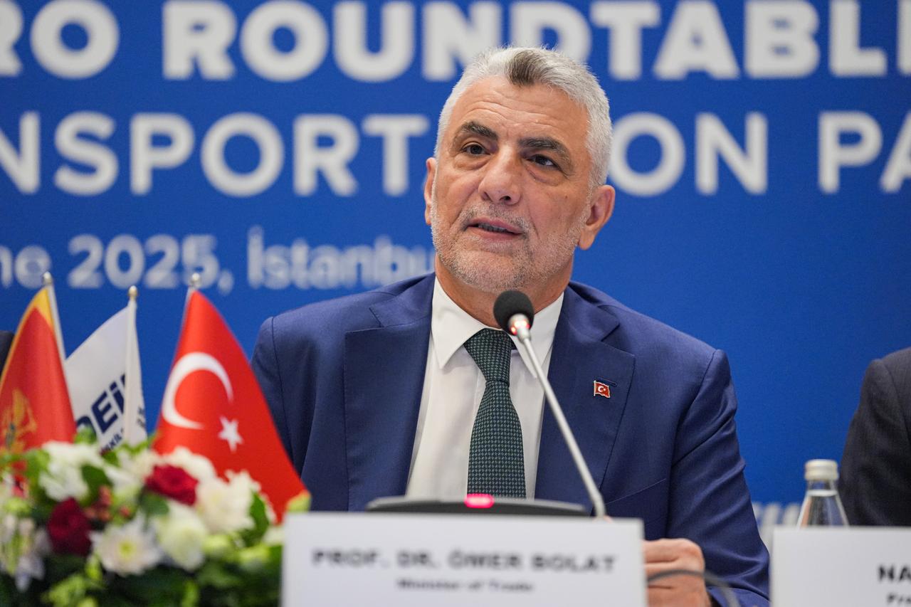 Turkish Trade Minister Omer Bolat speaks during the Türkiye-Montenegro Roundtable Meeting, held as part of the Global Transport Corridors Forum in Istanbul on June 28, 2025. (AA Photo)
